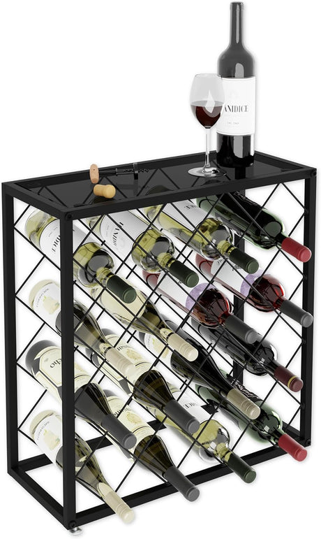 Freestanding matte black metal wine rack for 25 bottles with top shelf