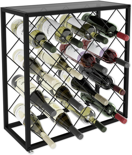 Freestanding matte black metal wine rack for 25 bottles with top shelf