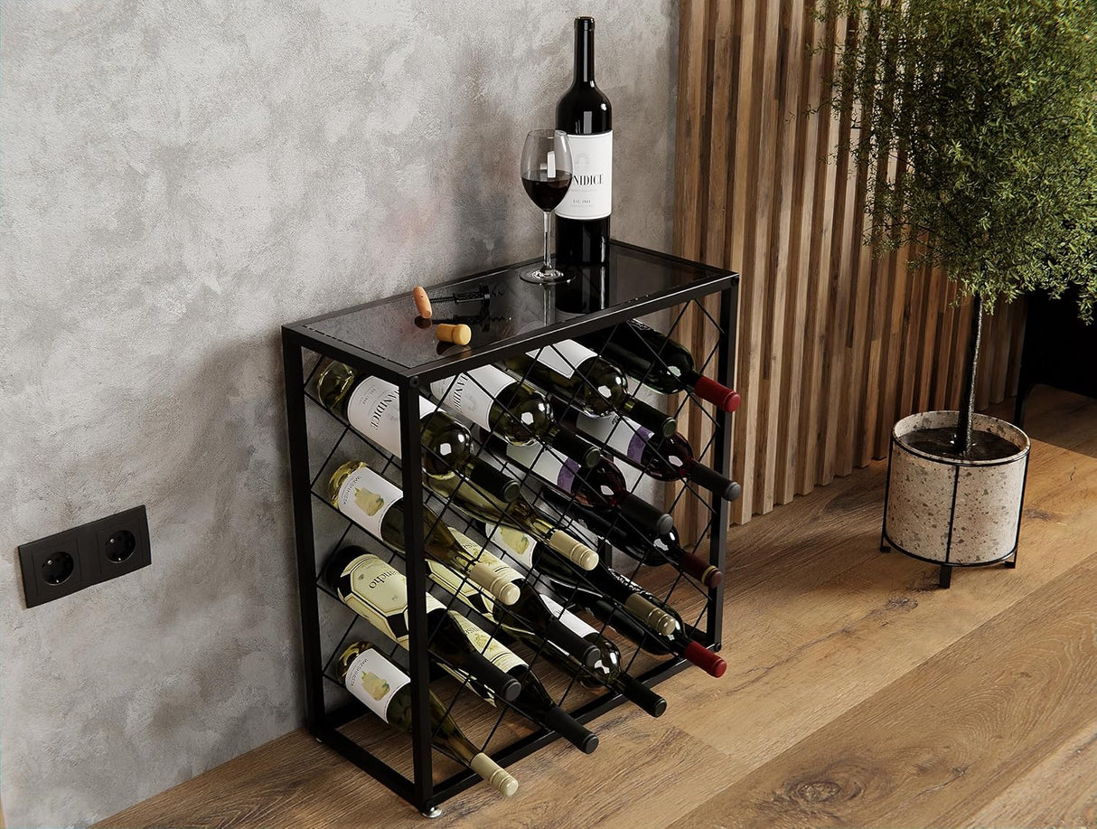 Freestanding matte black metal wine rack for 25 bottles with top shelf