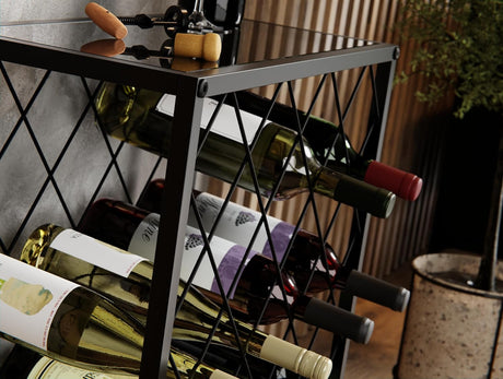 Freestanding matte black metal wine rack for 25 bottles with top shelf