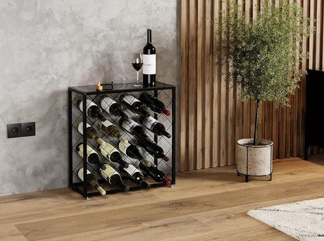 Freestanding matte black metal wine rack for 25 bottles with top shelf