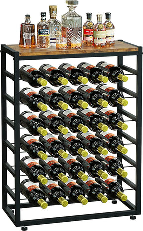6 tier freestanding wine rack for 30 bottles with wood countertop and metal frame