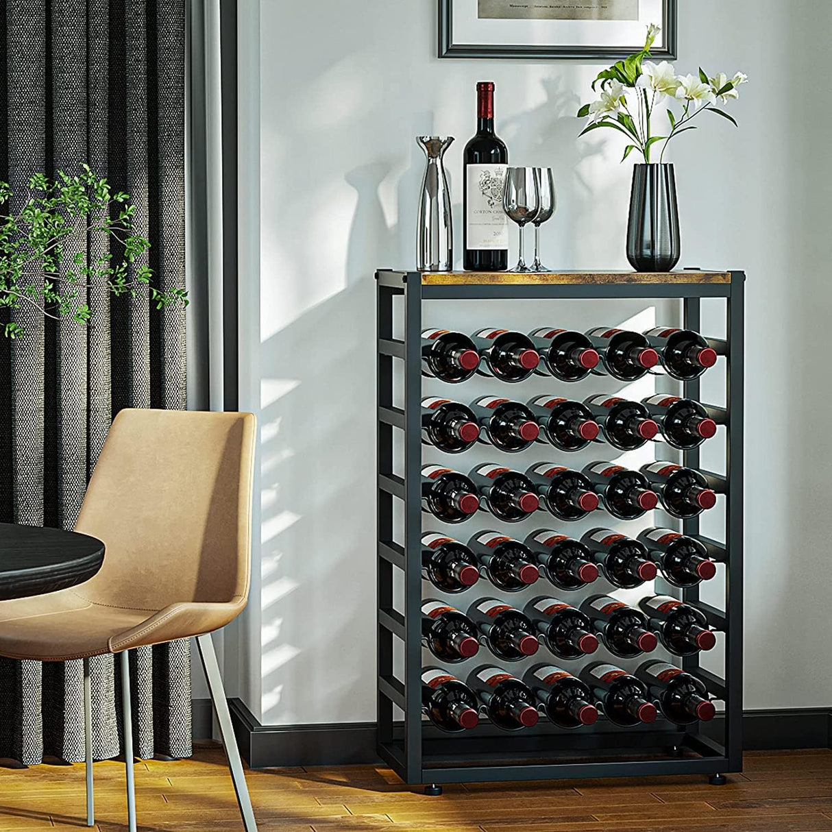 6 tier freestanding wine rack for 30 bottles with wood countertop and metal frame