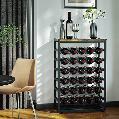 6 tier freestanding wine rack for 30 bottles with wood countertop and metal frame