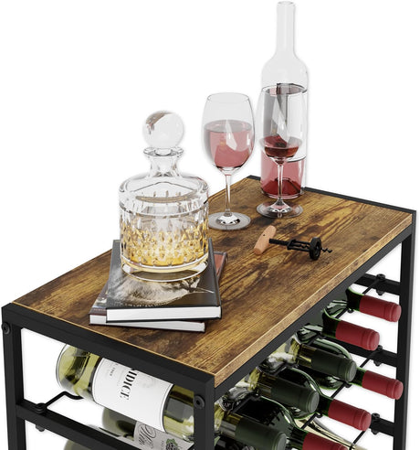 6 tier freestanding wine rack for 30 bottles with wood countertop and metal frame