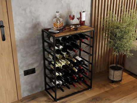 6 tier freestanding wine rack for 30 bottles with wood countertop and metal frame