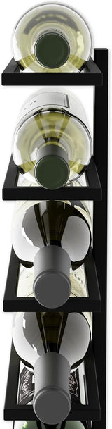 Matte black metal wall mounted wine rack holding 10 bottles