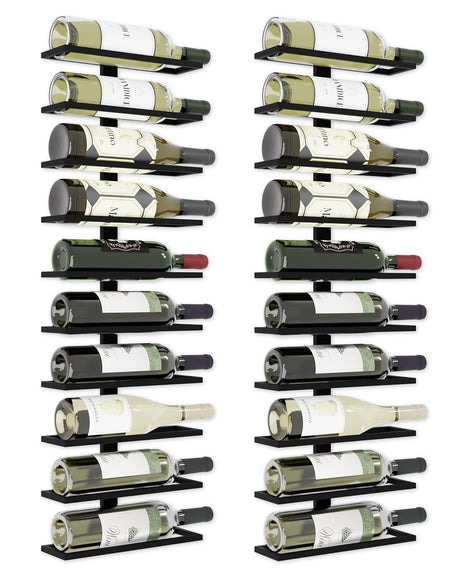 Set of two matte black wall mounted wine racks holding 10 bottles