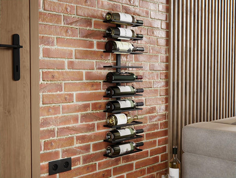 Set of two matte black wall mounted wine racks holding 10 bottles