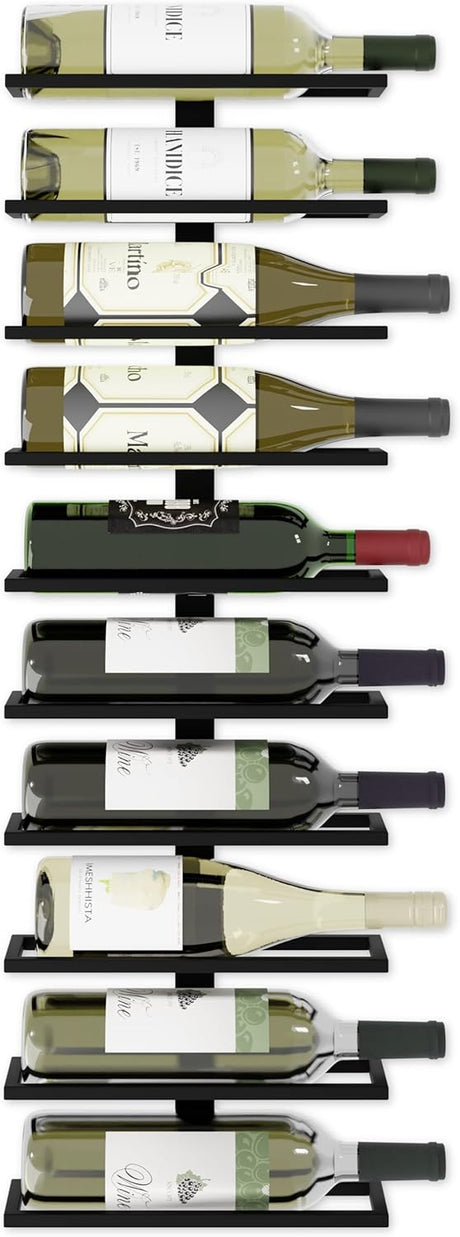 Set of two matte black wall mounted wine racks holding 10 bottles