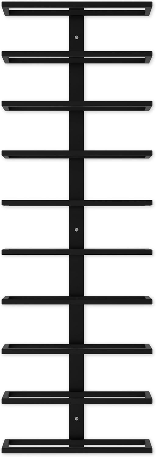 Set of two matte black wall mounted wine racks holding 10 bottles