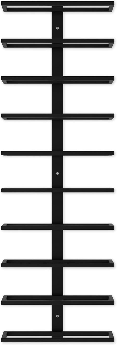 Set of two matte black wall mounted wine racks holding 10 bottles