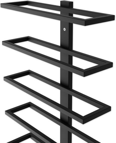 Set of two matte black wall mounted wine racks holding 10 bottles