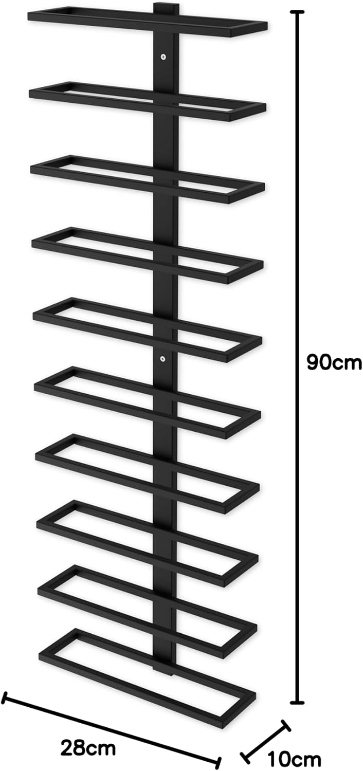 Set of two matte black wall mounted wine racks holding 10 bottles