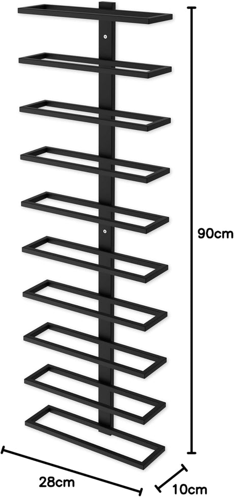 Set of two matte black wall mounted wine racks holding 10 bottles