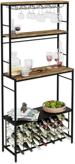 Freestanding wine rack for 20 bottles with wooden countertop and metal frame