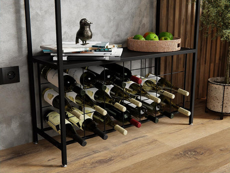Freestanding wine rack for 20 bottles with wooden countertop and metal frame