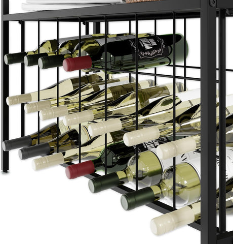 Freestanding wine rack for 20 bottles with wooden countertop and metal frame