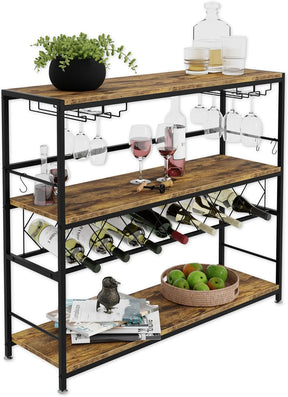 20 bottle metal and timber freestanding wine rack with glass holder