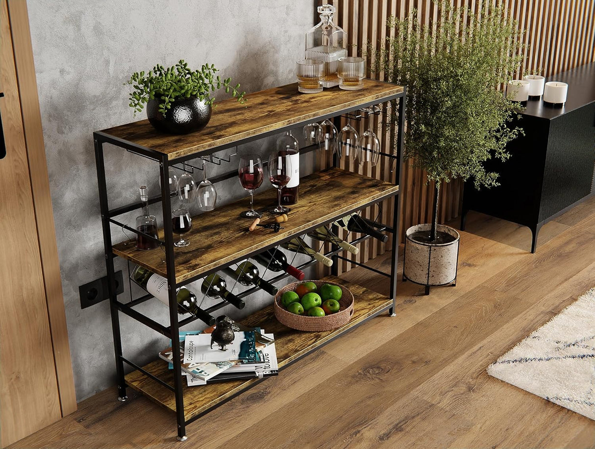 20 bottle metal and timber freestanding wine rack with glass holder