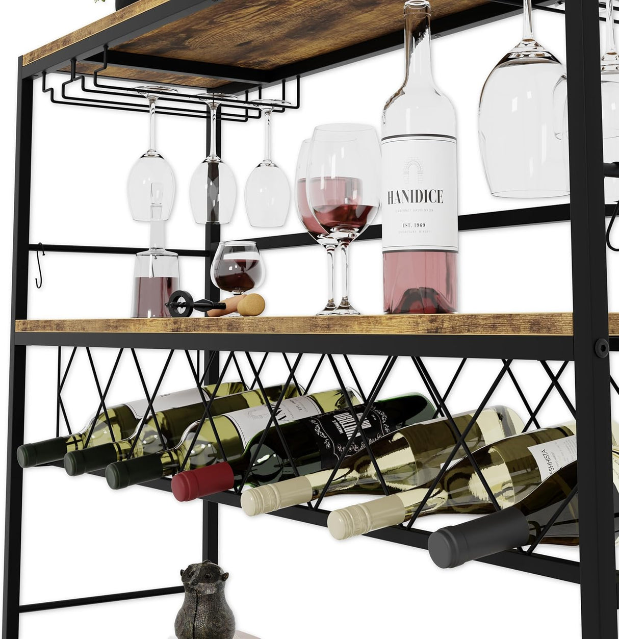 20 bottle metal and timber freestanding wine rack with glass holder