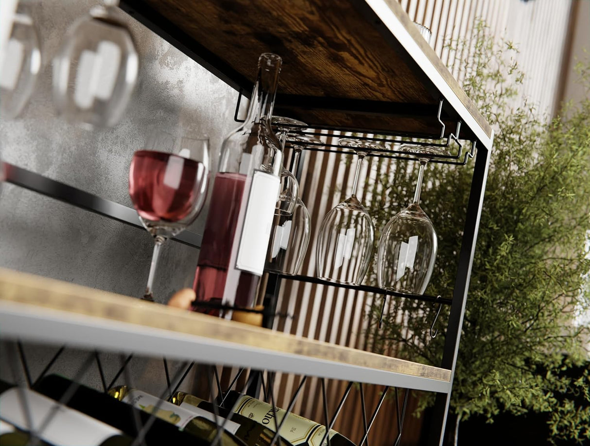 20 bottle metal and timber freestanding wine rack with glass holder