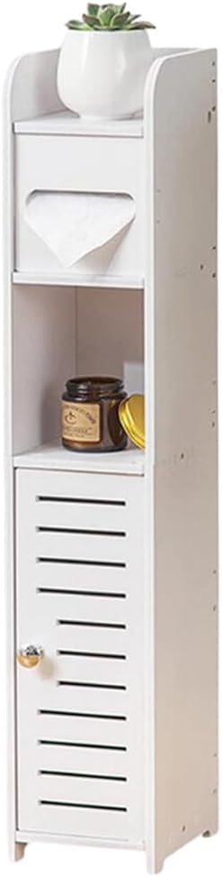Slim freestanding bathroom cabinet with built in toilet paper holder