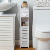 Narrow PVC bathroom cabinet standing beside a toilet in a small bathroom