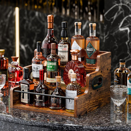 3 tier timber countertop bottle display rack