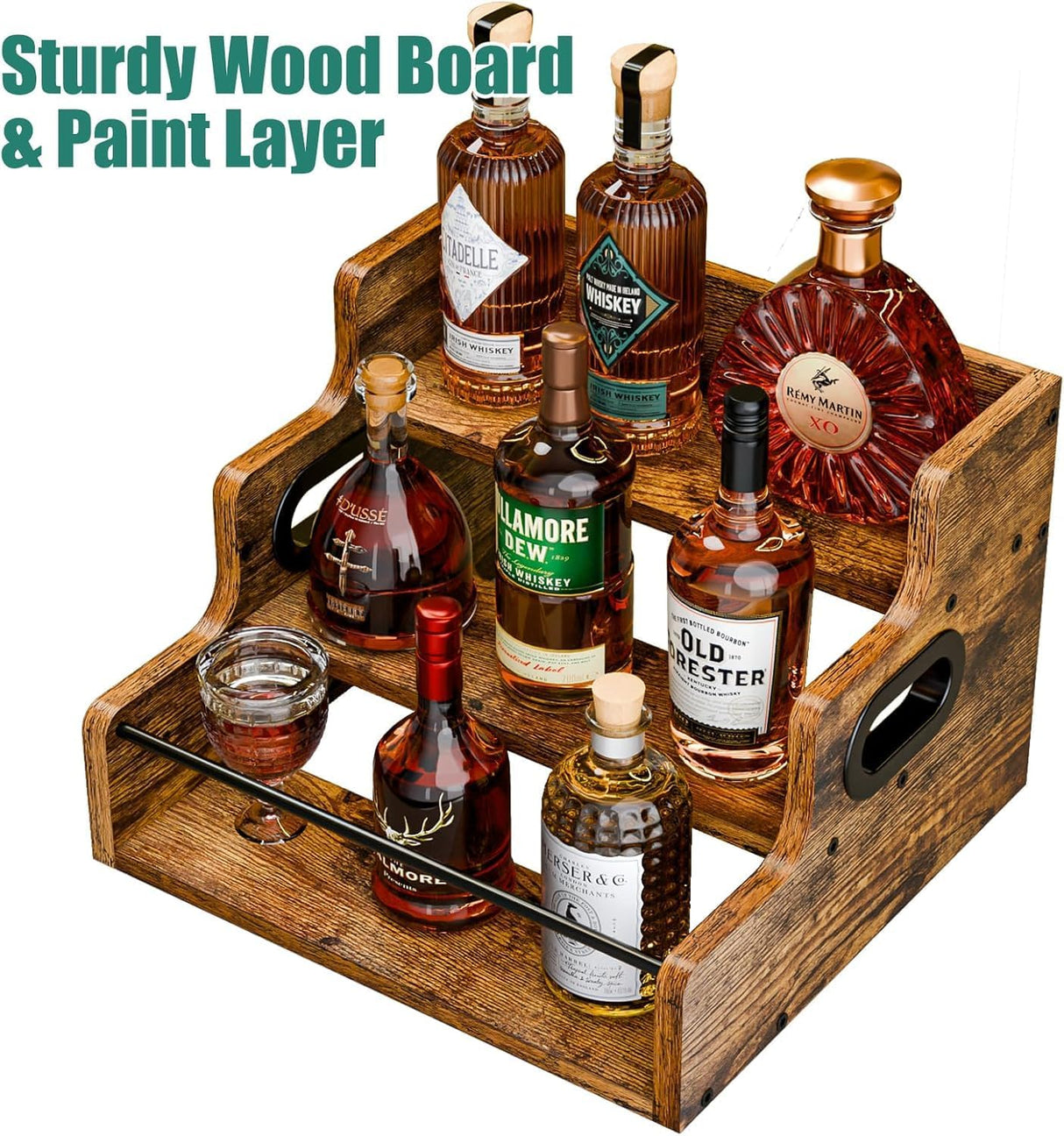 3 tier timber countertop bottle display rack