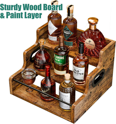 3 tier timber countertop bottle display rack