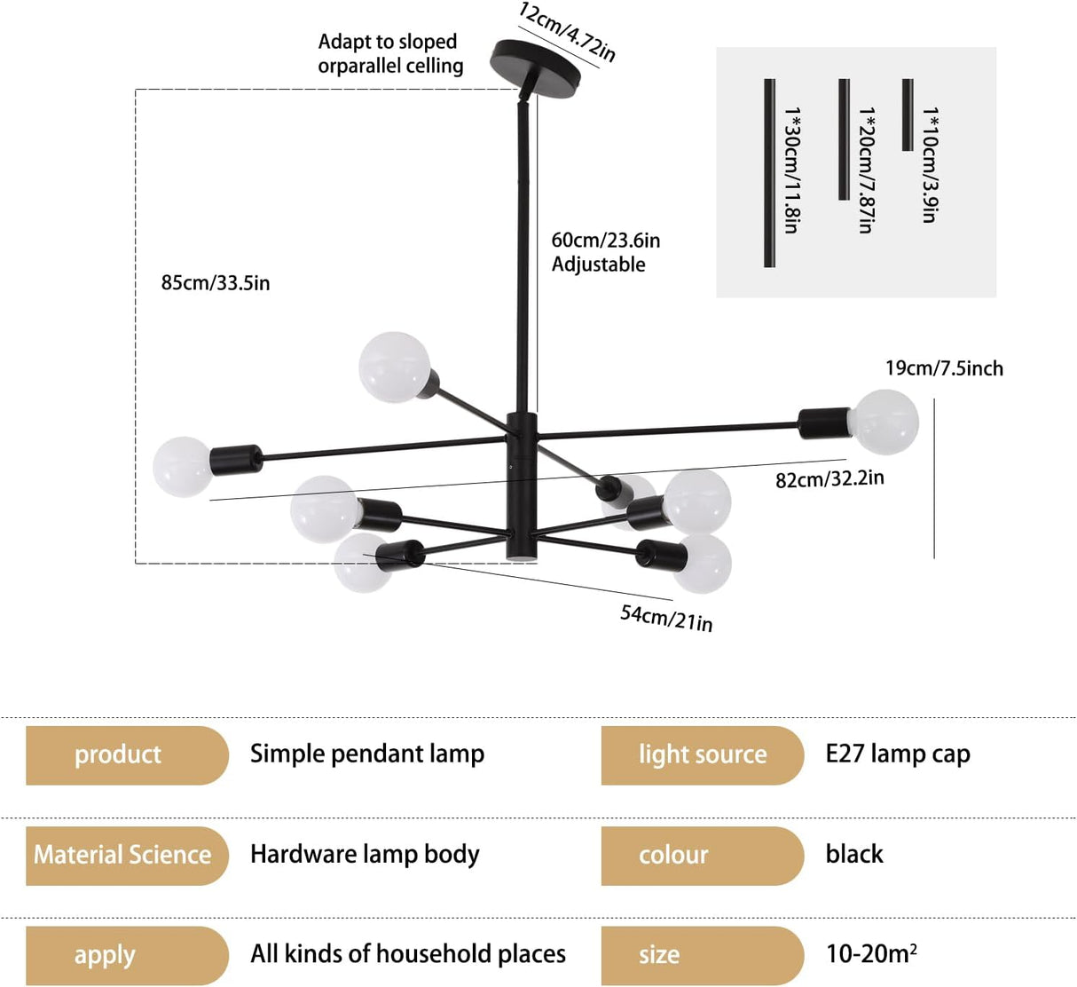 Eight light Sputnik chandelier in black and gold