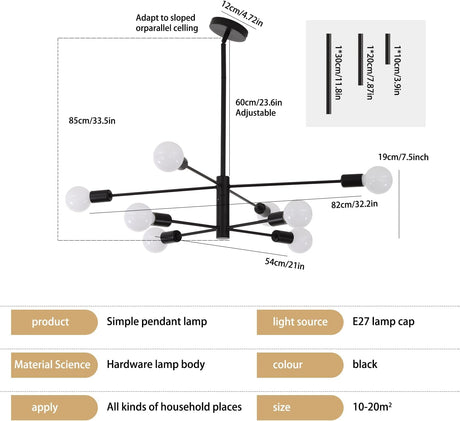 Eight light Sputnik chandelier in black and gold