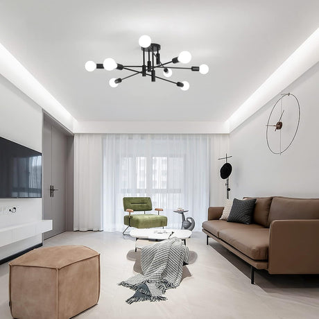Eight light semi flush Sputnik chandelier in black