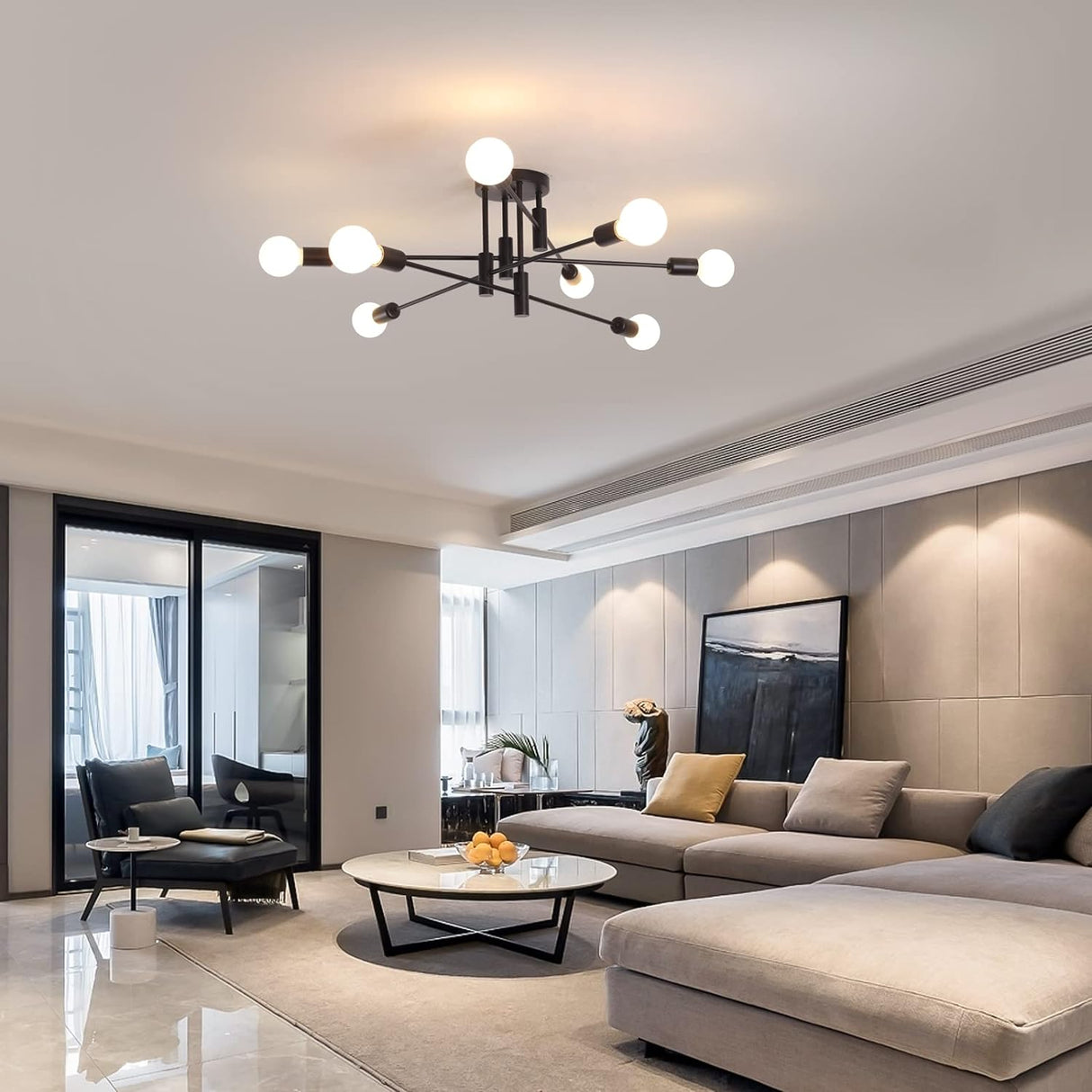 Eight light semi flush Sputnik chandelier in black