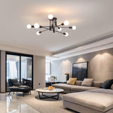 Eight light semi flush Sputnik chandelier in black
