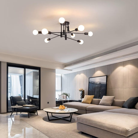 Eight light semi flush Sputnik chandelier in black