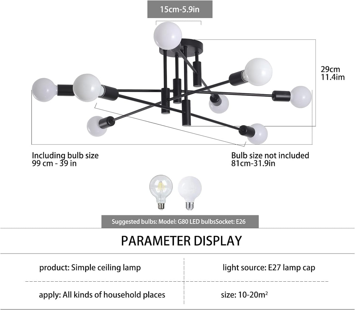 Eight light semi flush Sputnik chandelier in black