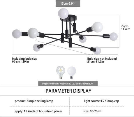 Eight light semi flush Sputnik chandelier in black