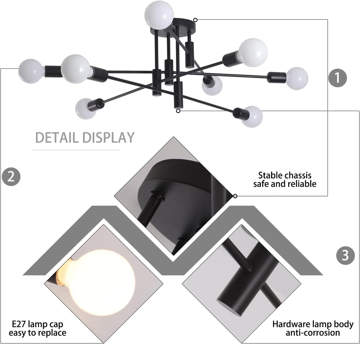 Eight light semi flush Sputnik chandelier in black