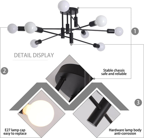 Eight light semi flush Sputnik chandelier in black
