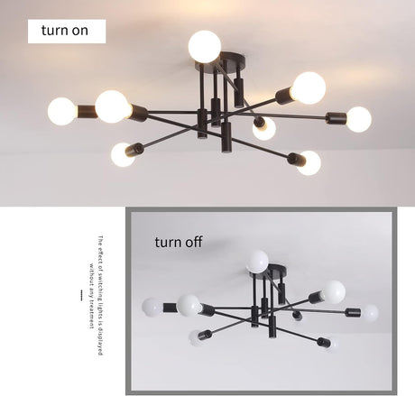 Eight light semi flush Sputnik chandelier in black