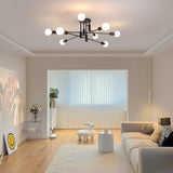 Eight light semi flush Sputnik chandelier in black
