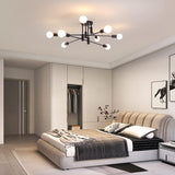 Eight light semi flush Sputnik chandelier in black