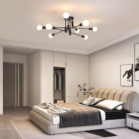 Eight light semi flush Sputnik chandelier in black