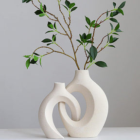 Two piece textured white ceramic vase set with three dimensional surface