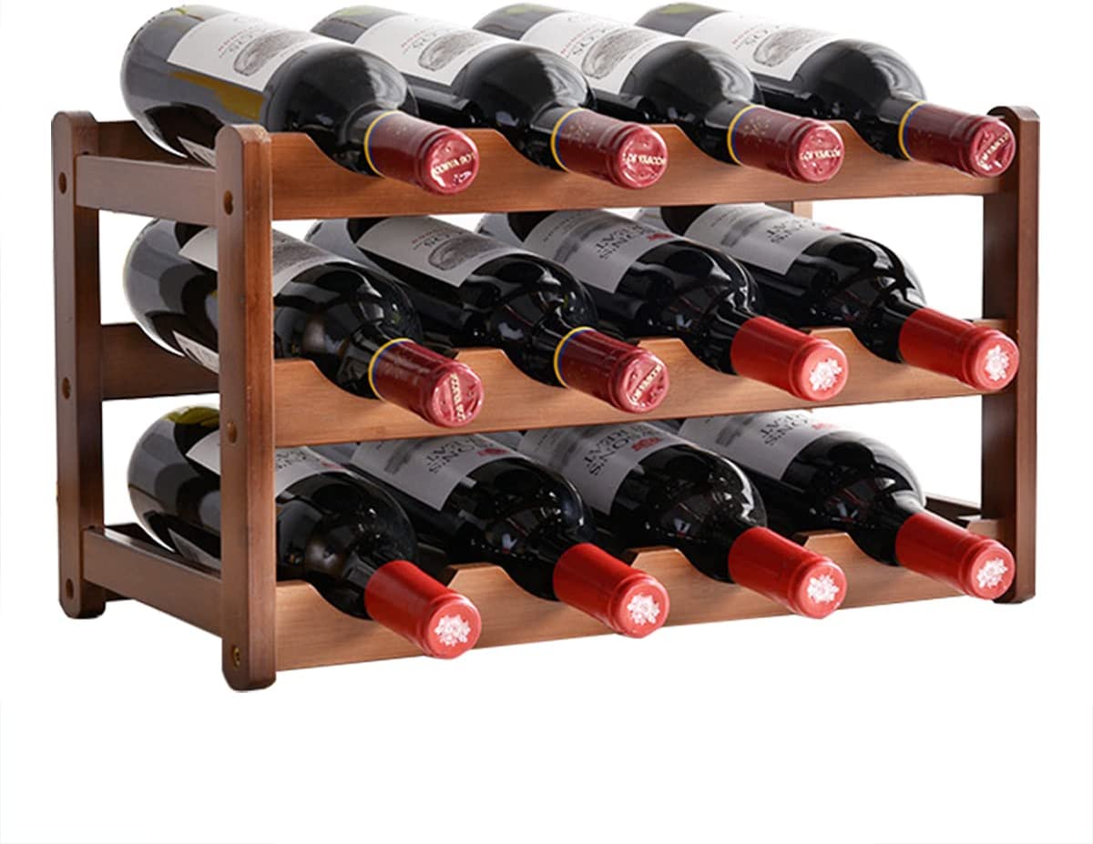 3 tier natural bamboo countertop wine rack holding 12 bottles