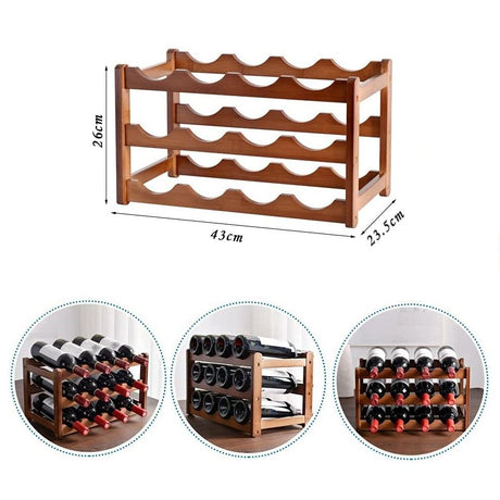 3 tier natural bamboo countertop wine rack holding 12 bottles