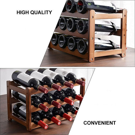 3 tier natural bamboo countertop wine rack holding 12 bottles
