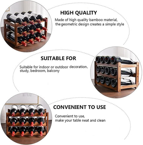 3 tier natural bamboo countertop wine rack holding 12 bottles